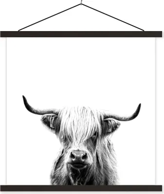 Produktbild von MuchoWow® Textilposter Schottisches Hochlandrind - Horn - Schwarz - Weiß 40x40 cm mit schwarzem Rahmen - Fotos