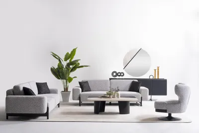 Immagine prodotto di Set divano in legno e metallo grigio con tavolino per soggiorno moderno