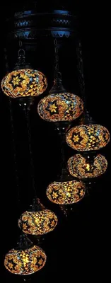 Image de Suspension turque Mozaik 7 boules en verre colorées faites à la main, plafonnier oriental en métal, marron