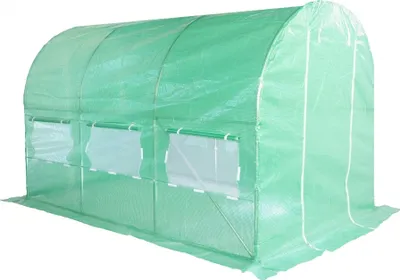A green polytunnel greenhouse shown from a diagonal angle against a white background.