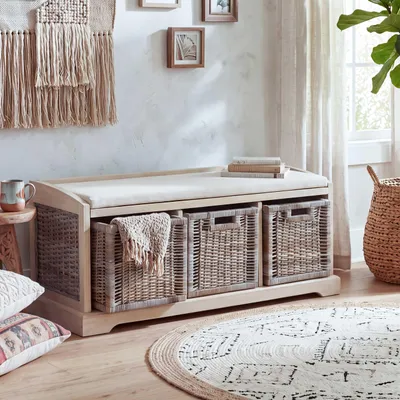 Zdjęcie produktu dla Ławka Bienne, schowek, 3 kosze, Kubu rattan wiklinowy, 112x46x37cm ~ jasny kolor