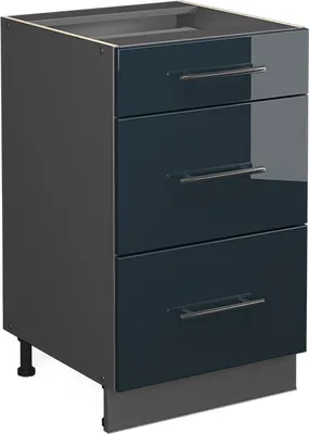 A dark blue high-gloss cabinet with three drawers and silver handles, set against a light gray background. The cabinet has a plinth at the bottom and is supported by black legs.