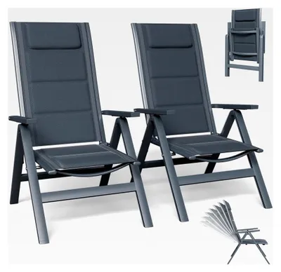 Produktbild von Gartenstuhl mit hoher Rückenlehne, 2er Set klappbare Campingstühle aus Aluminium mit Kopfkissen und Abdeckung, 7-fach verstellbare Rückenlehne, wasserfest und rutschfest, hellgrau