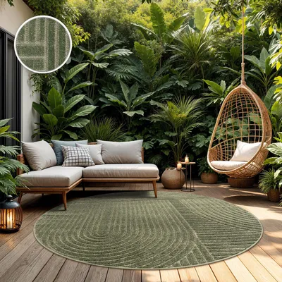 Produktbild von TT Home In-& Outdoorteppich Wetterfest Balkon Schlafzimmer Boho Skandi Motiv Unifarben Geometrische Optik Moderner Style Größe 160 cm Rund
