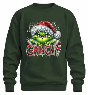 Productafbeelding van Kersttrui met een "Grinch"-thema, bedekt met glitter en strass steentjes, met een afbeelding van de Kerstman in een lelijk kerstmotief, in flessen groene kleur, maat L