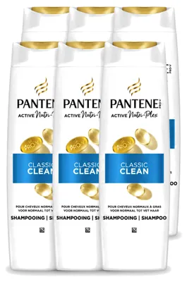Imagen del producto de 6 botellas de champú Pantene Pro-V Classic Clean, 250 ml cada una. Paquete económico de 6 unidades
