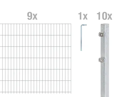 A diagram showing components of a fence kit, including fence panels, a post, and an Allen key.
