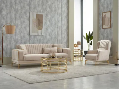 Produktbild von Garnitur Sofagarnitur Couch Polstersofa Dreisitzer Sessel Beige 2tlg
