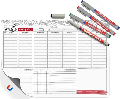 Produktbild von Magnetischer Wochenplaner mit Habit Tracker und To-Do-Liste - Abwischbarer Organizer inklusive 4 Markenstifte - DIN A4 Größe, ideal für den Kühlschrank