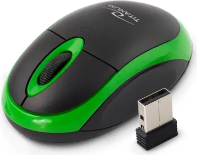 A black and green wireless computer mouse and its USB receiver are shown on a white background.