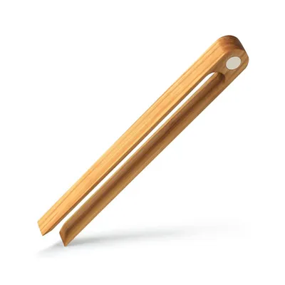 A pair of wooden tongs is shown against a white background.