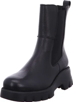 A black leather boot with a thick sole is shown against a white background.