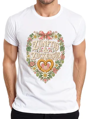 Productafbeelding van Zünftig & Zuckersüß , Beierse Wiesn: Dirndl (vrouwenjurk), Lederhose (leren broek), heren T-shirt, wit, maat S