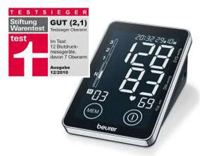 A Beurer upper arm blood pressure monitor is shown next to a test winner badge.