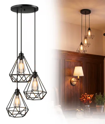 Produktbild von XMTECH Industrial Hängelampe 3-flammig, Vintage Pendellampe mit E27 Edison Birnen, Höhenverstellbar, Deckenlampe Metall für Wohnzimmer Küche,Schwarz