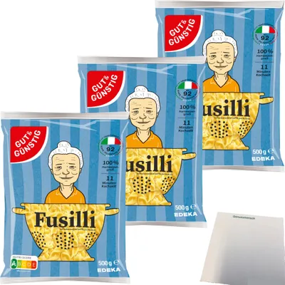 Produktbild von Gut & Günstig Nudeln Fusilli Pasta aus Italien 3er Pack (3x500g Packung) + usy Block