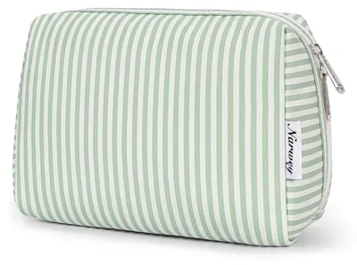 Immagine prodotto di Borsa da toilette da donna, grande, a righe verdi chiare, idrorepellente, dimensioni 22 x 15 x 10 cm