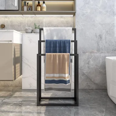 Image de Porte-serviettes autoportant avec 3 barres - Étagère à serviettes noire