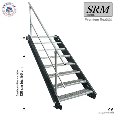 Produktbild von 8 Stufen Stahltreppe anthrazit Breite 160 cm Geschosshöhe 120 - 160 cm 1x Geländer