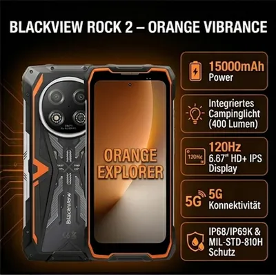 Image de Téléphone portable outdoor Blackview ROCK 2 : 5G, batterie de 15 000 mAh, Android 16, 24 Go de RAM, 256 Go de ROM, écran de 6,67 pouces à 120 Hz, recharge rapide de 33 W, NFC, smartphone robuste