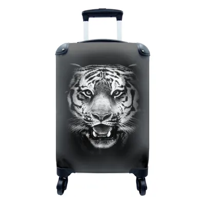 Produktbild von MuchoWow® Koffer Handgepäck Trolley Rollkoffer Kleine Reisekoffer mit 4 Rollen - Tigerkopf vor schwarzem Hintergrund - schwarz und weiß - Cabin Size < 55x40x23 cm & 55x40x20 cm - Fotokoffer - Kabinenkoffer - Boardgepäck - Reise-Box - Reisekoffer - Reisegepäck - Koffer mit Bild - Trolley für Kinder