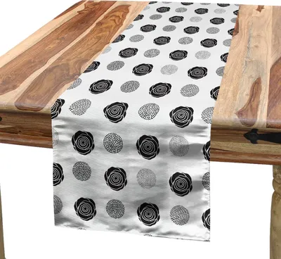 Produktbild von ABAKUHAUS Blumen Tischläufer, Wiederholendes Muster mit Rosenblättern und punktierte Runden Monochrome Kunst, 40 x 225 cm, Charcoal Grau und Weiß