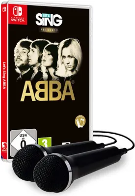 A Nintendo Switch game case for 'Let's Sing ABBA' is shown with two microphones in the foreground.