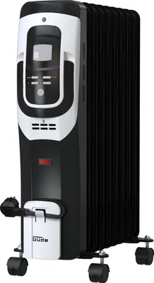 A black and white oil-filled radiator with an LCD display and wheels, shown from a slightly angled front view.