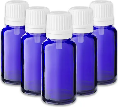 Produktbild von 5x Blaue Glasflasche 20 ml mit weißem Tropfeinsatz Tropfer leer für Öl