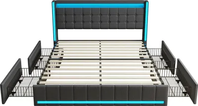 Produktbild von Polsterbett - Doppelbett - 160×200 cm - LED-Kopfteil - 4 Schubladen mit Stauraum - USB-Ladeanschlüsse - Lattenrost - Dunkelgrau