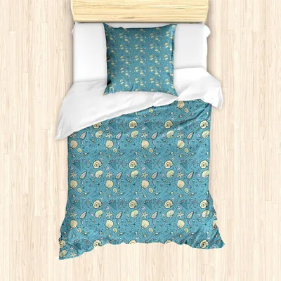 Produktbild von ABAKUHAUS Unter dem Meer Bettbezug Set, Sommer-Strand-Thema mit handgezeichneten Muscheln Nautilus Jellyfish Shrimp Shapes, 135 x 200 cm + 80 x 80 cm, Mehrfarbig
