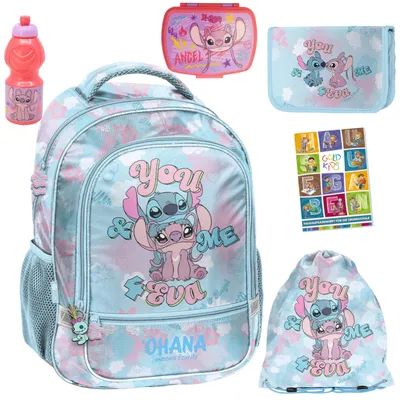 Produktbild von Schulranzen für Jungen und Mädchen, 6er-Set - Schul-Rucksack für Kinder mit Federmäppchen - Schuhbeutel Trinkflasche und Brotdose - Stitch Motiv