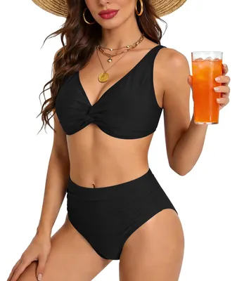 Imagen del producto de Conjunto de bikini para mujer, cintura alta, con relleno, de dos piezas, escote en V, ideal para la playa