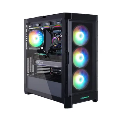 A black computer tower with RGB lighting on fans and internal components, set against a white background.