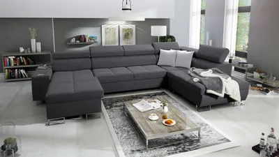 Produktbild von Großes Sofa Wohnzimmer Couch Ecksofa MOREN VI Big Sofa Ottomane Links Eckcouch mit Schlaffunktion Grau Stoff SAWANA 96