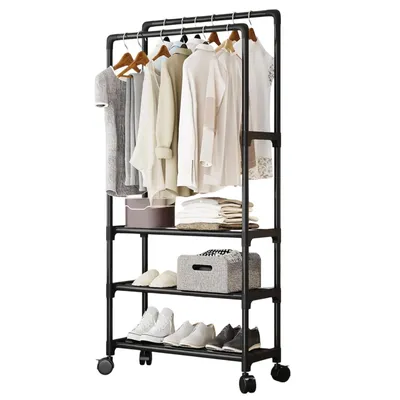 Produktbild von Kleiderständer, Garderobenständer, Doppelstange Kleiderstange, mit 2 Kleiderstangen 3 Ablagen aus Metall, für Laden Schlafzimmer Ankleidezimmer