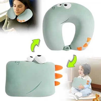 Bequemes Reisekissen für Kinder - 2-in-1 U-förmiges Nackenkissen, Ideal für Auto und Flugzeug, Niedliches Dino-Design