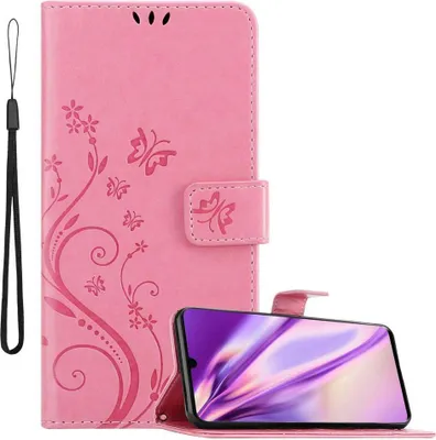 A pink phone case with a floral and butterfly design, shown with a smartphone inside.