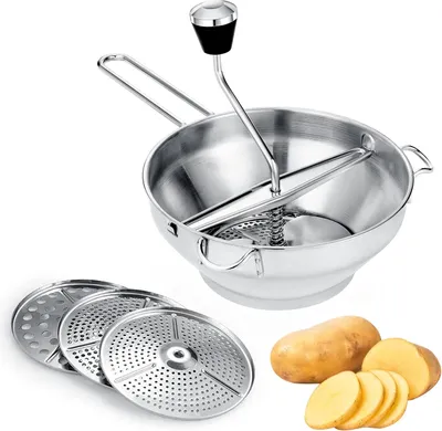 Produktbild von Famanu Kartoffel- und Gemüsemühle - 3 Scheiben, ergonomischer Griff, rutschfeste Handgriffe
