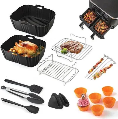 Produktbild von Famanu Zubehörset für Heißluftfritteusen - 18-teiliges Set mit Silikonbackformen und Küchenhelfern