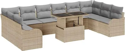Immagine prodotto di Set divano da giardino vidaXL con cuscini (11 pezzi), beige, in polyrattan