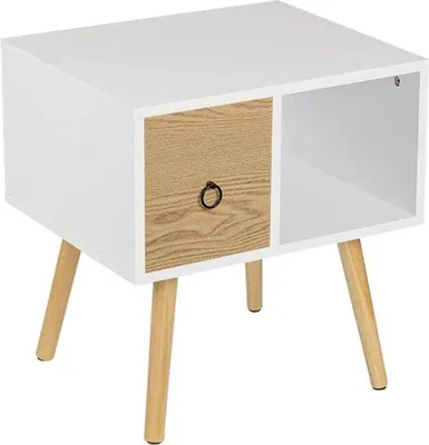 Zdjęcie produktu dla Stolik z lampką nocną – styl vintage – rustykalny – stolik do salonu – meble do sypialni – MDF – stolik pomocniczy – metal – styl industrialny – biały