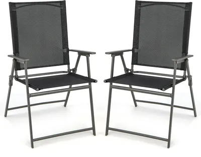 Two black folding garden chairs are shown against a white background.