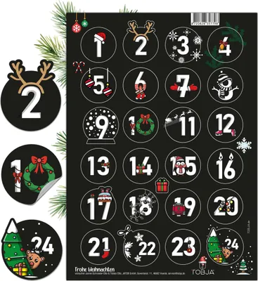 Produktbild von Schwarze Adventkalender Sticker - Adventskalender Zahlen Aufkleber | 24 Sticker Zahlenaufkleber 1-24 Weihnachten | Einzigartige Adventsaufkleber für besondere Momente