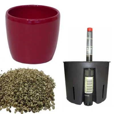 Produktbild von Set 4 teilig für Erdpflanzen Keramik Blumentopf Venus weinrot Ø 16cm H 14 cm Kulturtopf 13/12 Wasserstandsanzeiger WA 12 Erdersatz