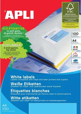 Produktbild von Apli – Weiße Etiketten, 99,1 x 139 mm (B x H), 400 Stück, 4 pro Blatt (2422)