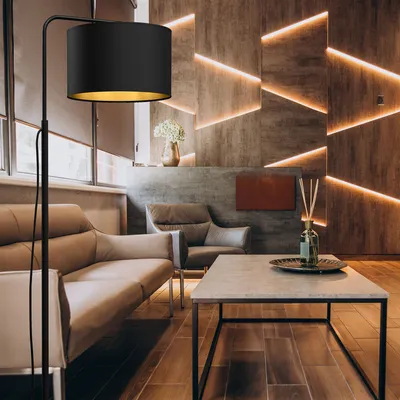 Produktbild von Stehlampe klein 151 cm Schwarz Gold Fußschalter Stoffschirm Stehleuchte Wohnzimmer