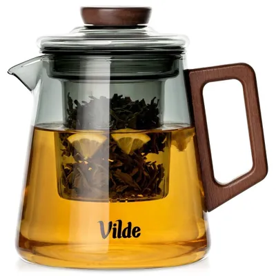 Produktbild von Vilde | Teekanne mit Sieb 700 ml - Schwarzes Glas - mit Holzgriff - Glas Teefilter