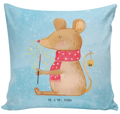 Produktbild von Mr. & Mrs. Panda Sofa Kissen Maus Weihnachten - Eisblau - Geschenk, kuschelkissen 40x40, Dekokissen, Weihnachtsgruß, Sofakissen, Mäuschen, Zierkissen, Weihnachtsmotiv
