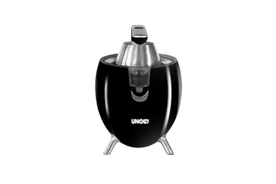 Die ZITRUSPRESSE Power Juicy von Unold ist eine schwarz-silberne elektrische Zitruspresse mit kompak